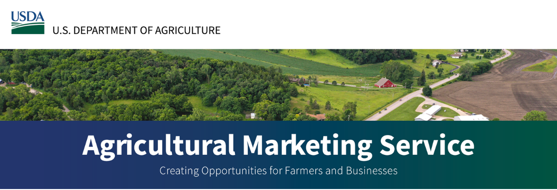 USDA Agricultural Marketing Service. Creating opportunities for farmers and businesses. Image: Aerial view of red barn on green terrain.